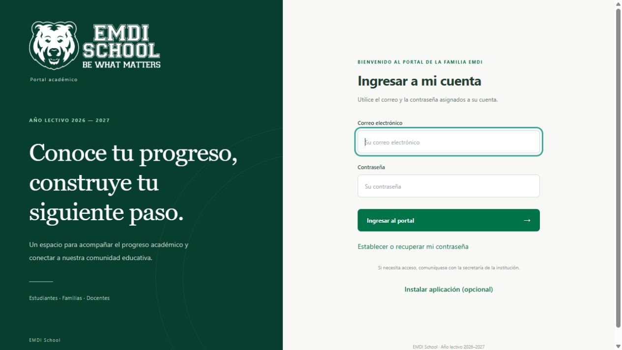 Página de acceso al portal académico de EMDI School