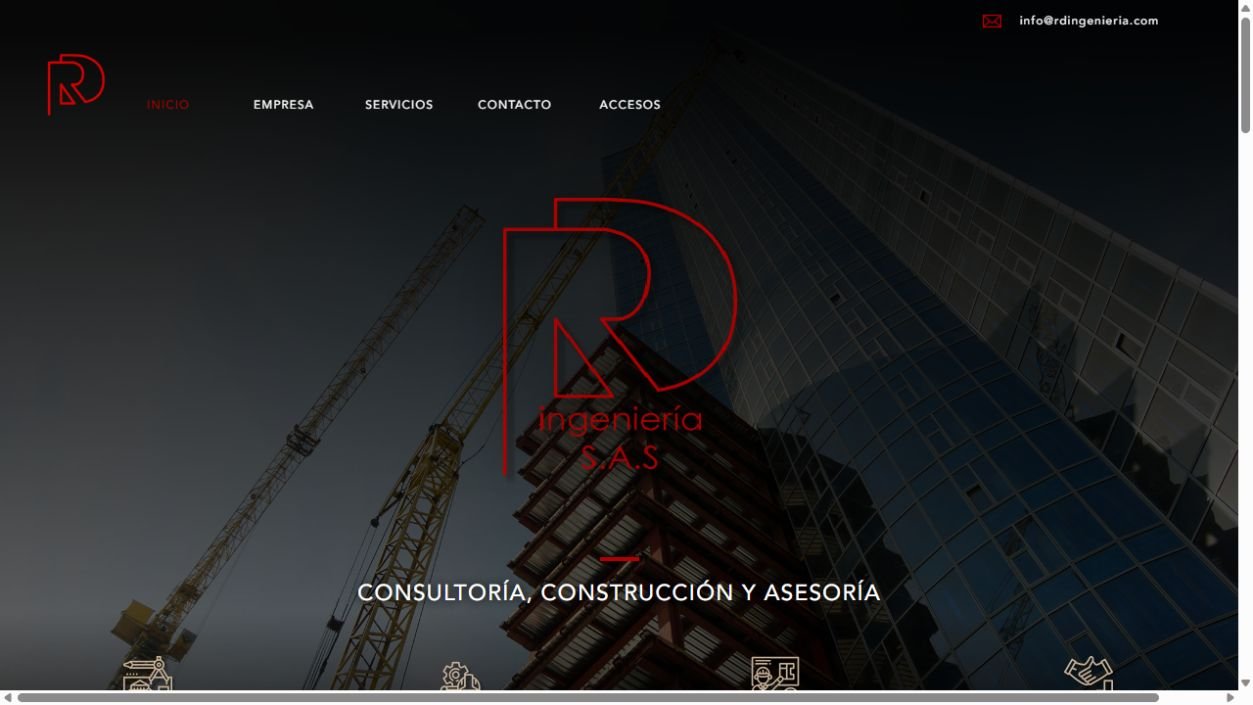 Página de inicio de RD Ingeniería, con edificios y su identidad roja